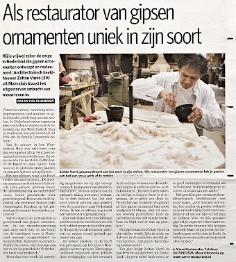 Algemeen Dagblad artikel over Zoltán Varró als restaurator van gipsornamenten