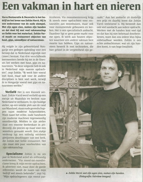Artikel in De Schakel over Zoltán Varró als vakman in hart en nieren